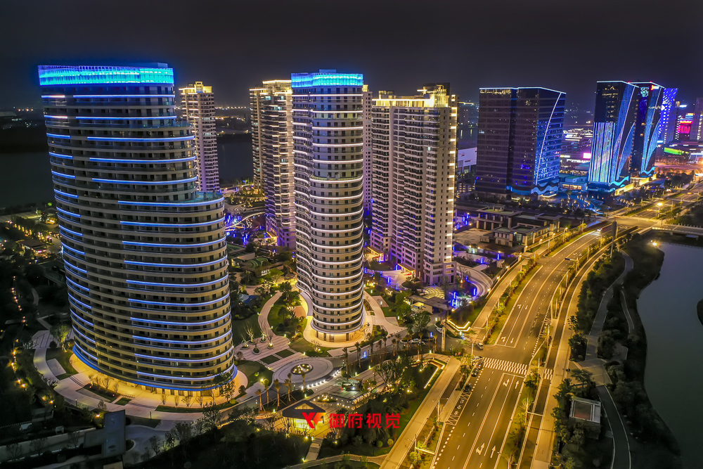 悦海湾,住宅小区,景观亮化工程,航拍摄影